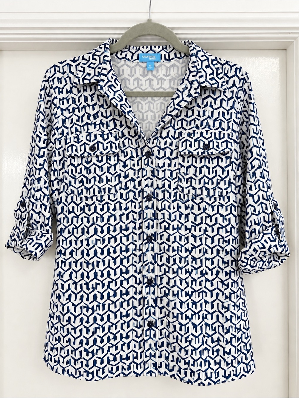J. McLaughlin Navy & White Geometric Button-Down Shirt, Size M